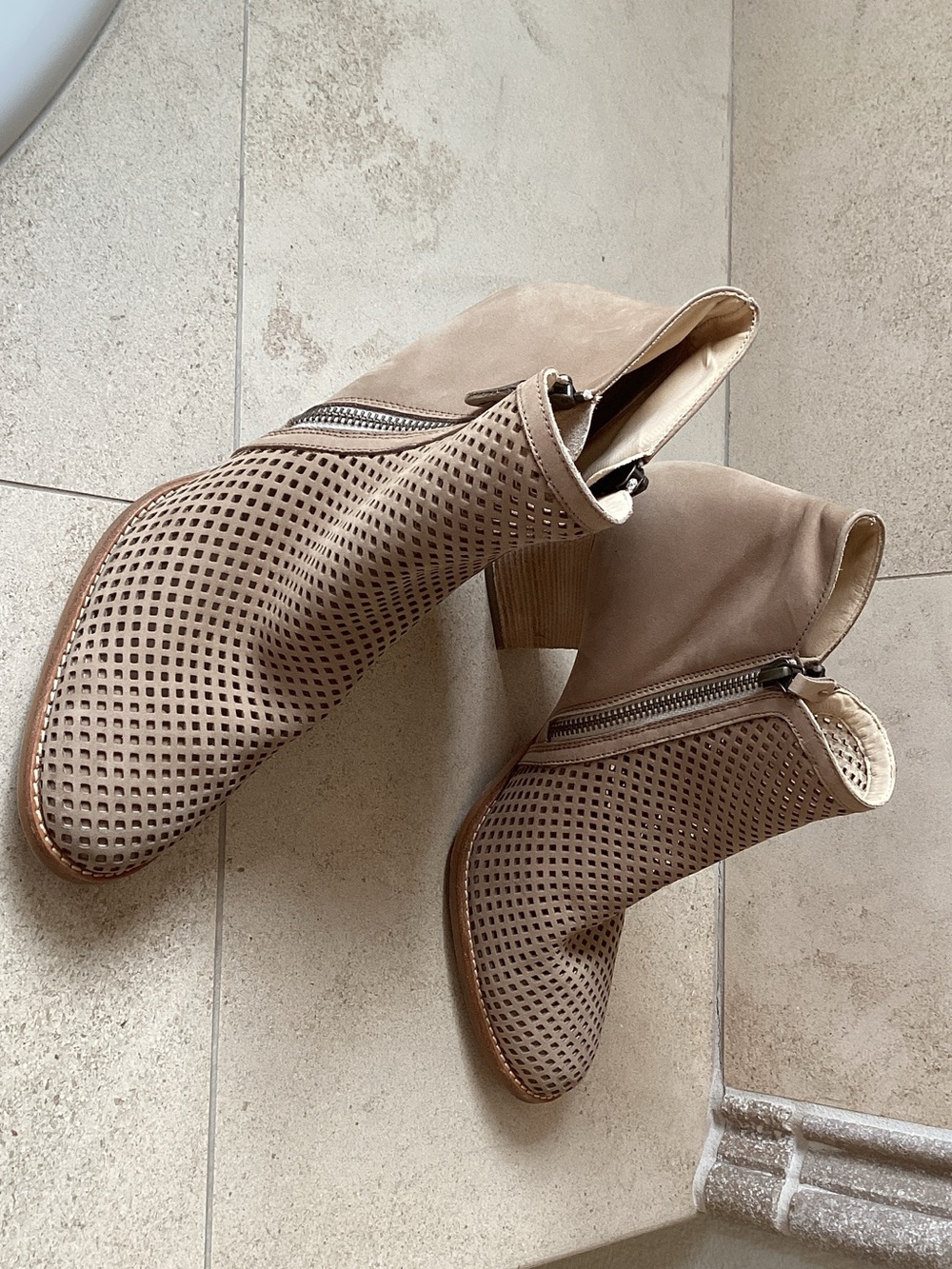 Paul Green Perforated Taupe Suede Ankle Booties with Side Zip
